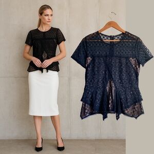 BCBGMaxAzria Black Lace Blouse Top Peplum Fringe Formal Romantic Career Events L